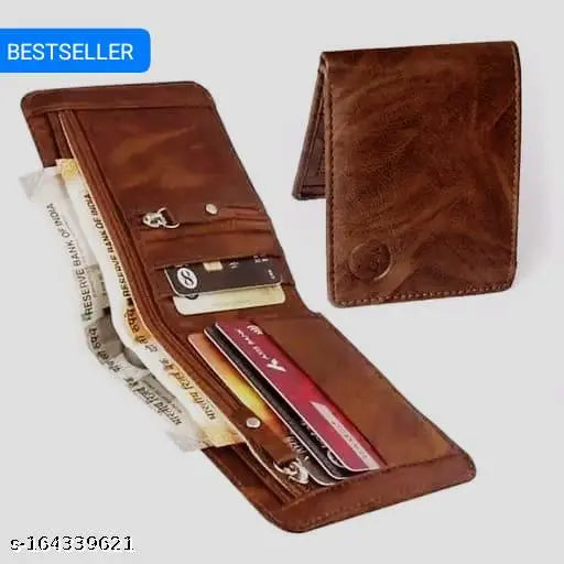 Brown genuine leather men's formal wallet, premium 2-zip design with 5 card slots, ideal for evening parties