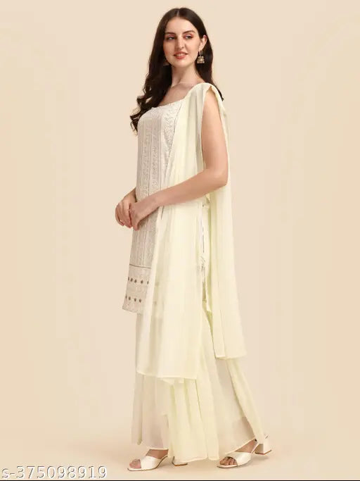 Embroidered georgette kurta sharara set with dupatta, sleeveless, single quantity, India-origin