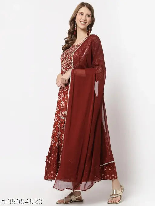 Yellow Cloud printed cotton gown (rust) and chiffon dupatta with embroidery, 3/4 sleeves and round neck, ideal for ethnic wear in India