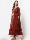Yellow Cloud printed cotton gown (rust) and chiffon dupatta with embroidery, 3/4 sleeves and round neck, ideal for ethnic wear in India