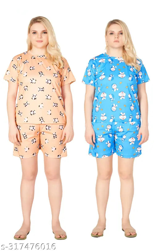 Women's printed night suit set - polyester, short sleeves, elastic waist & pockets, sleepwear for women and girls