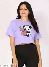 Printed cotton blend crop T-shirt with round neck, short sleeves, weesklaar pattern. S, M, L, XL sizes available