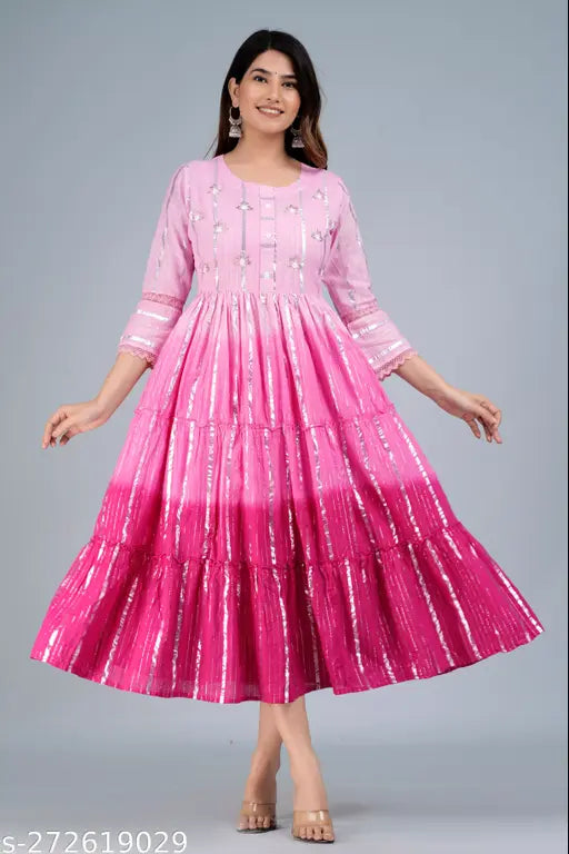 Pink cotton lurex ombre dyed flared tiered dress, hand-worked yoke on three-quarter sleeves, round neck, hand wash separately