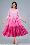 Pink cotton lurex ombre dyed flared tiered dress, hand-worked yoke on three-quarter sleeves, round neck, hand wash separately
