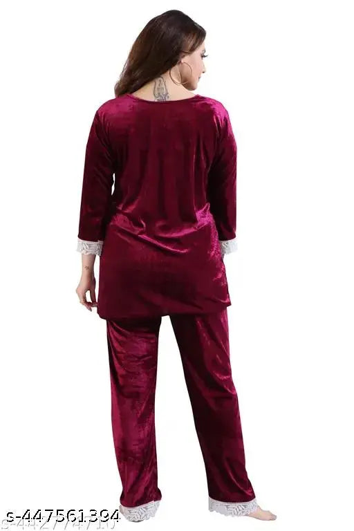 Velvet white shining lace night suit, trending pajama sleepwear for winters, India-made cotton nightdress for girls and women
