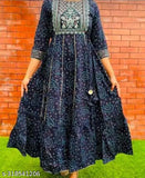 Nevy Blue Embroidered Gown - Rayon three-quarter sleeves, printed combo in Indian inspired design, available in M, L, XL, XXL, XXXL, 4XL, 5XL, 6XL, 7XL