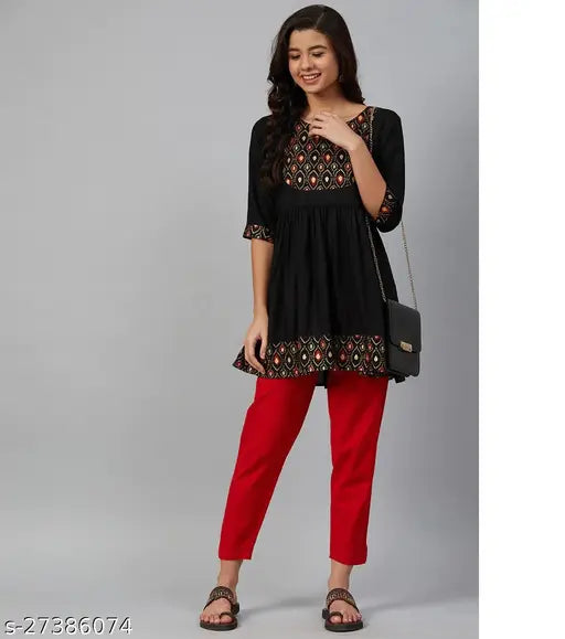 Viscose Rayon black and print combo Chitrarekha Superior Kurtis, round neck, three-quarter sleeves, flared hem, A-line design, S-XXXL sizes available