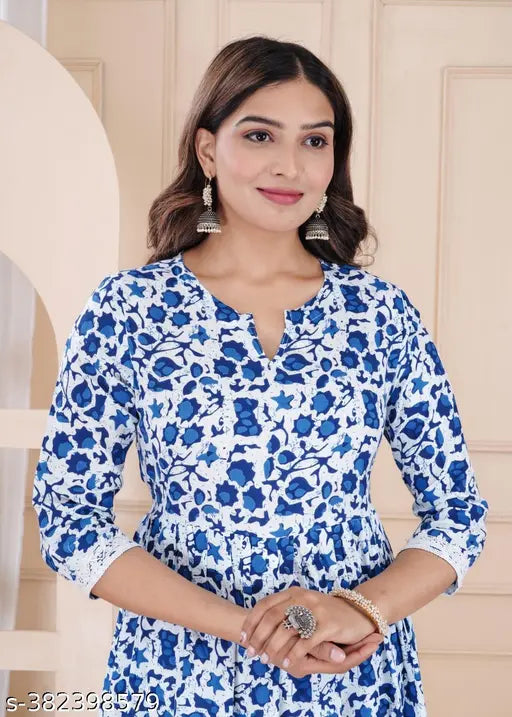 Printed Rayon Anarkali Kurta & Palazzos, blue floral design, embellished V-neck, 3/4 sleeves, Indian ethnic wear for women