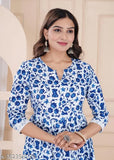 Printed Rayon Anarkali Kurta & Palazzos, blue floral design, embellished V-neck, 3/4 sleeves, Indian ethnic wear for women