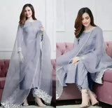 Cotton blend kurati for women in solid color, three-quarter sleeves with dupatta and bottomwear, Indian traditional attire on hanger