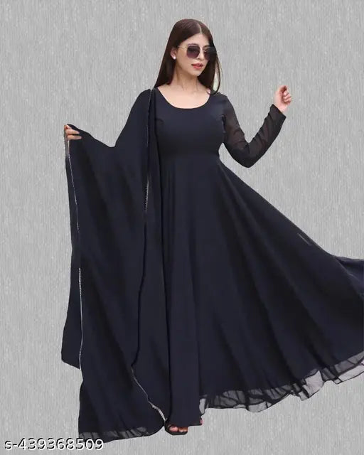 Black georgette women's gown dupatta set with long sleeves, full-stitched, best quality. (Indian origin)