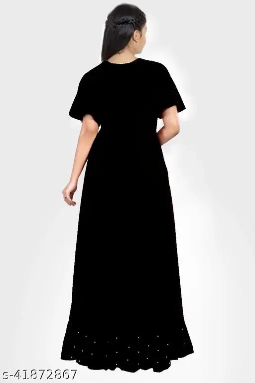 Black rayon ethnic gown for girls, solid design, short sleeves, size 6-17 years, India origin