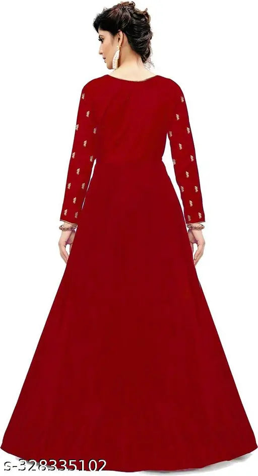 Indian embroidered silk blend Anarkali gown with long sleeves, free size (bust 42in, length 23in)