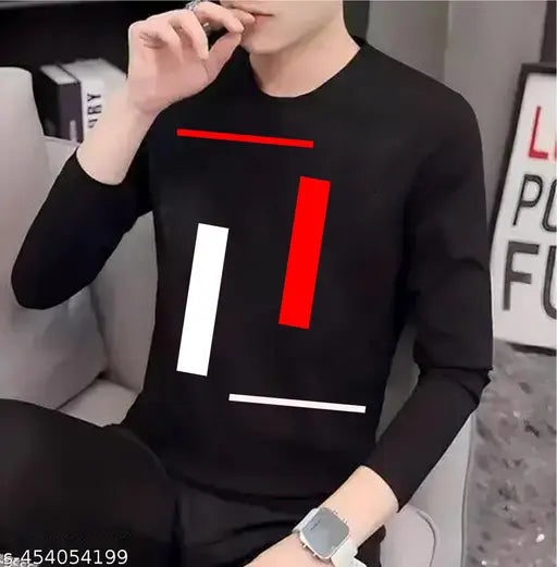 Black cotton four-line trending t-shirt for men, printed pattern on short sleeves