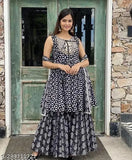 Dark blue rayon printed sleeveless short designer kurti sharara suit with dupatta, India