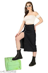 Black denim solid-pattern skirt, stylish side button, women's fashion