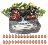 Resin Laxmi Ganesh Smoke Fountain Murti for home office, features 30 back flow incense cones. Handcrafted Indian art piece with a smokey waterfall effect