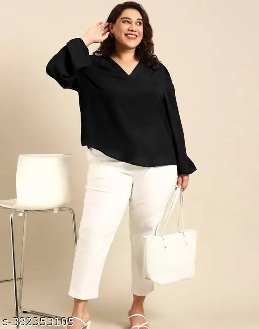 Plus-size Georgette V-neck top with long sleeves, India-made, solid pattern
