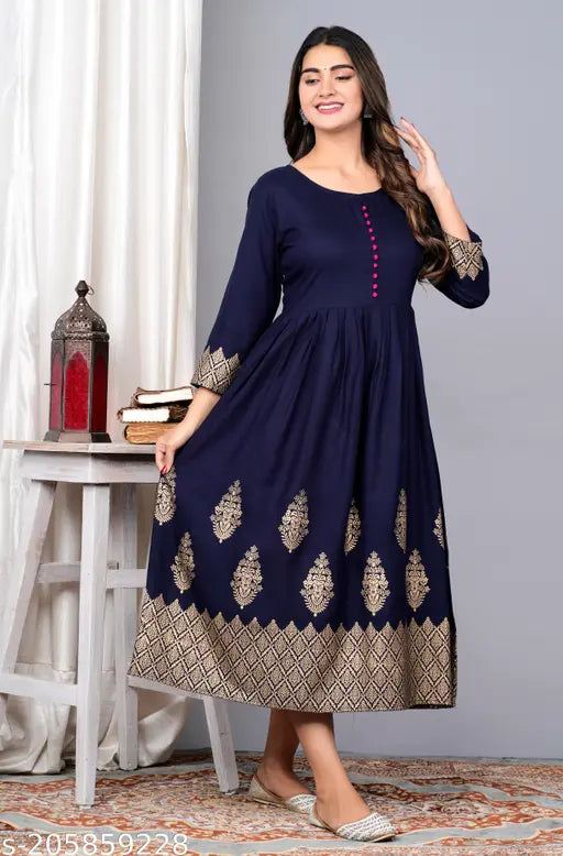 Rayon long-sleeved gold pront kurti for women, intricate Zari woven pattern, M & L sizes available from India