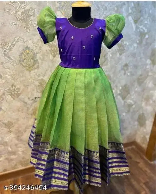 Stylish girls ethnic silk gown with zari butti and banarasi, half sleeve maxi dress for all occasions