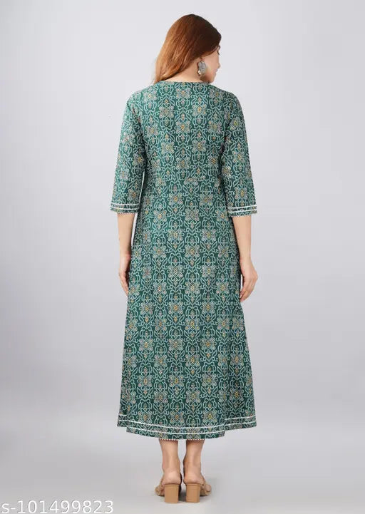 Green rayon kurti with printed lace work for women, three-quarter sleeves, India origin
