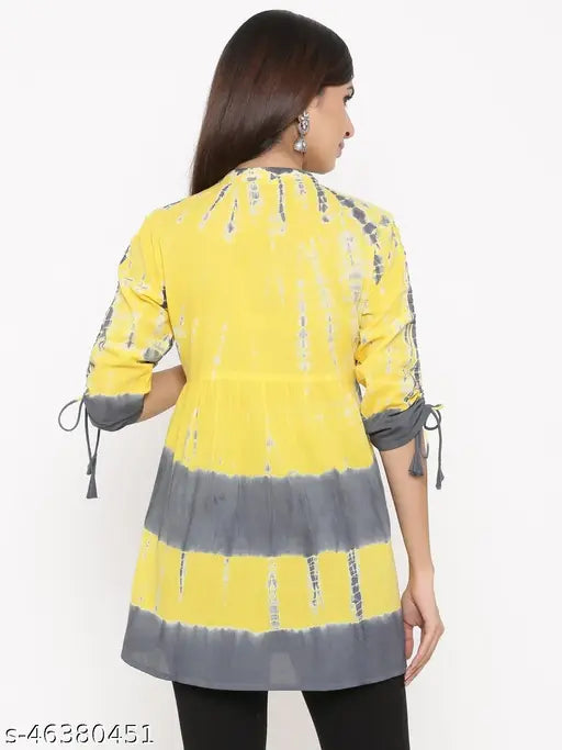 Yellow & grey tie-dye printed 60s Cambric tunic with sleeves (tie-up tops) - stylish ethnic wear in soft colors, Indian origin