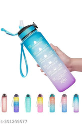 Multicolor unbreakable water bottle (32 oz), motivational quote & time marker, leakproof, BPA-free, durable, ideal for office, gym, travel, hiking, and outdoor activities. Ergonomic design with buckle handle, one-handed flip-top lid, wide mouth opening, dust-free, and easy to clean