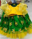 Embroidered yellow-green net chaniya choli lehenga choli for kids, ideal for Navratri and garba events