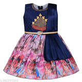 Silver satin floral print knee-length dress for baby girls (fe3249nb), navy blue and pink palette, embellished yoke, attached dupatta, belted finish