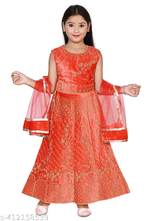 Kids velvet Lahenga with golden glitter and stone handwork, sleeveless Aari work top and net dupatta