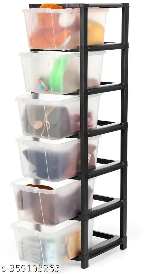 Black plastic 6-layer drawer organizer for kids storage, holds toys, books, socks, shoes etc