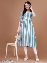Cotton lining striped flared kurti, round neck, three-quarter sleeves (15" long), calf length (46"). Modern Indian ethnic wear for women