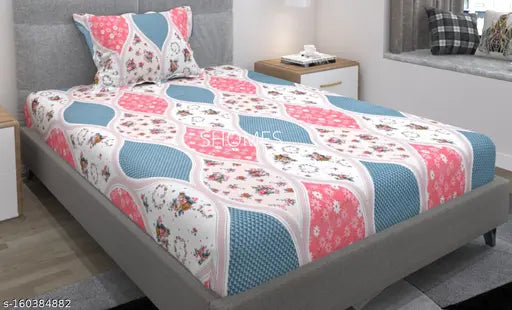 Brushed cotton printed single bedsheet with matching pillow cover, premium quality glace feel in soft floral design (72x36x8 inches) - BRANDSHOMES, made in India
