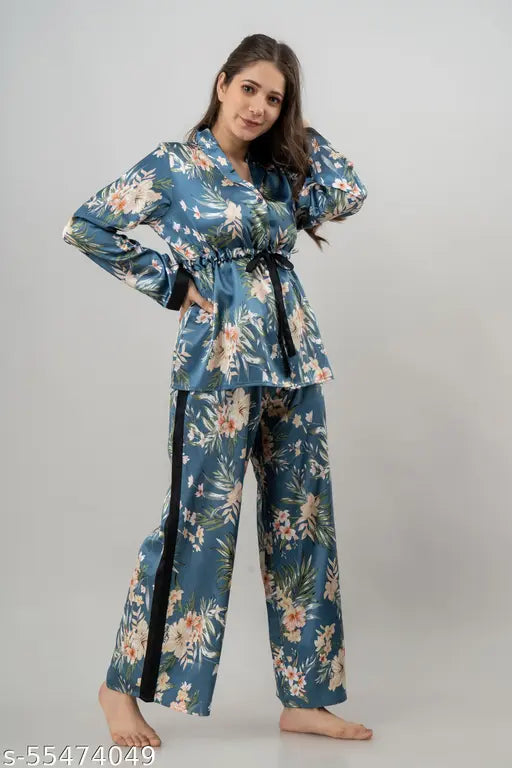 Blue printed pattern long-sleeve V-neck women's night suit set (Shirt & Pyjamas), soft satin fabric with elasticized waist, Indian origin