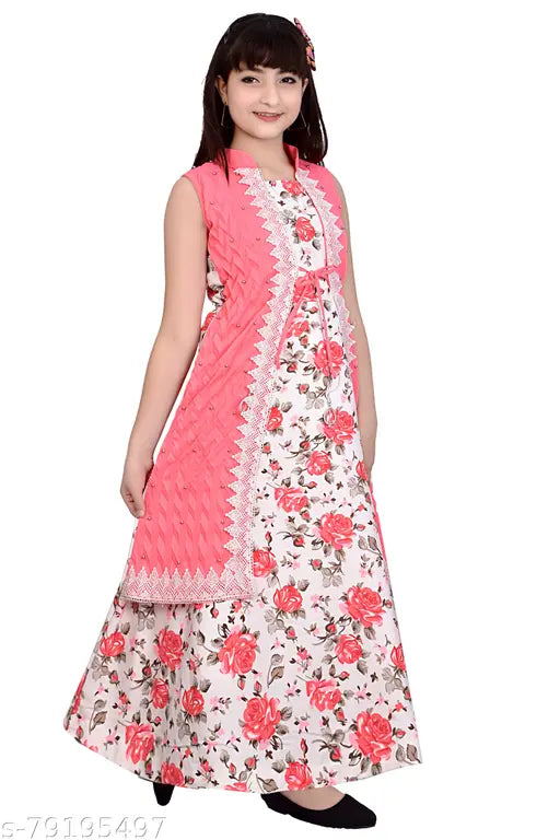 Coral cotton ethnic gown (3-4 years), vibrant digital floral print, skin-friendly fabric