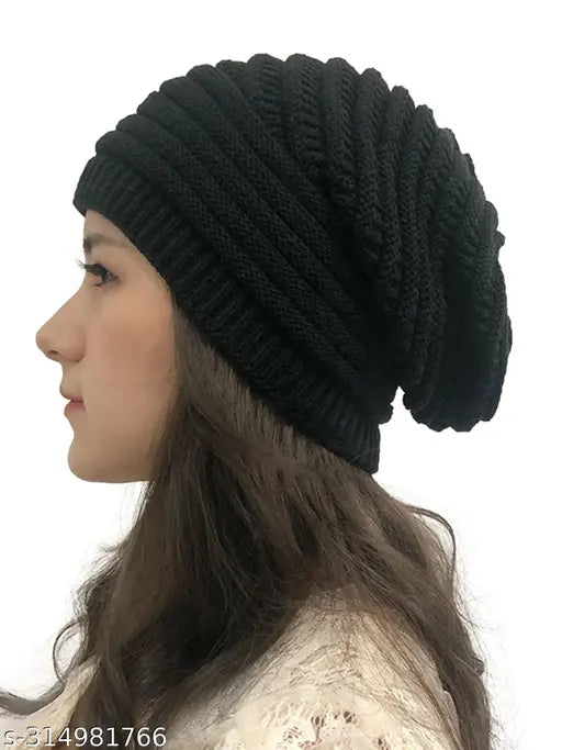 Textured wool women's slouchy beanie, warm for winter sports & casual wear. Comfortable, soft, and a versatile gift. Handmade in India