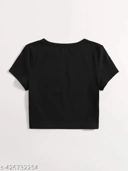 Women's crop printed cotton t-shirt, short sleeves with vibrant design, size chart available for accurate fit