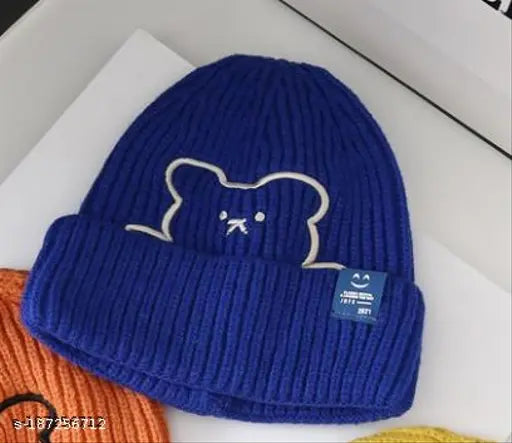 Assorted color Korean-style acrylic beanies with embroidered bear designs. Soft, non-shrinking, and lightweight for women & men. Embroidered smile face design adds joy." (124 characters)