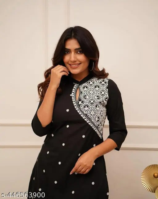 Rayon embroidery work kurta with palazzos, printed net, three-quarter sleeves, Indian rayon kurta set on mannequin