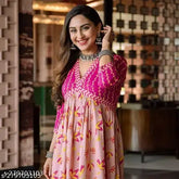 Trendy rayon three-quarter sleeve printed Anarkali kurti for women's ethnic wear, perfect for parties