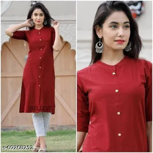 Solid cotton straight kurti for women, three-quarter sleeves, vibrant Indian colors