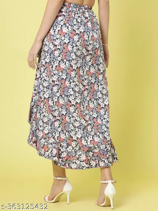 Multicolor crepe high-low wrap skirt with ruffles, printed net pattern by OOMPH. Elastic waist, size XS (30in/38in/32in), made in India