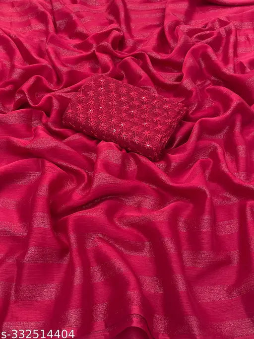 Attractive chiffon saree with embroidered net blouse, single free size, striped pattern from India