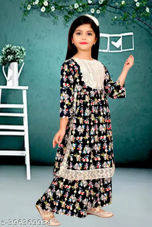 Modern girls cotton blend kurta palazzo sharara set for kids aged 4-12, printed A-line style with three-quarter sleeves