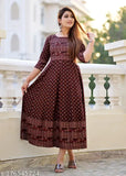 Large size rayon Coffee Anarkali kurti, three-quarter sleeves, printed combo design
