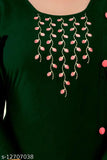 Bottle green rayon A-line embroidered kurti with palazzo set, ideal for festive and casual wear. Perfect for parties or office events, pairs well with high heels and accessories. Indian-made kurti with three-quarter sleeves, available in sizes S to XXXL