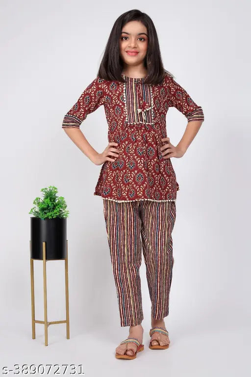 Ritu Creation Girls Printed Cotton Co-Ord Set: Three-Quarter Sleeve, Round Lace, 4-13 years old, Indian handcrafted cotton wear