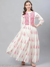 Off-white cotton Anarkali Kurta with pink floral print, ideal for parties and festivals. Single piece in size XS (bust 34", length 44"). Made in India