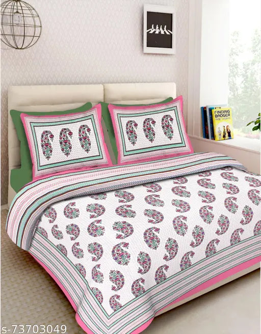 Cotton double size bedsheet with 2 pillow covers, paisley pattern on soft cotton flat sheets for adult summer use, ideal for a double queen bed, made in India (144 thread count, 1 net quantity)