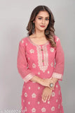 Pink A-Line Straight Cotton Kurti with embroidered design, three-quarter sleeves, available in L (42in bust, 43in size length), XL (42in bust, 45in size length), and XXL (40in bust, 41in size length). Traditional Indian garment, lightweight cotton fabric, air circulation